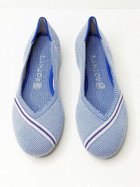 Rothy's The Flat Round Toe Slip-On Knit Ballet Flats Blue Stripe Womens 9.5